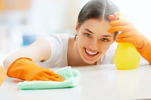 Cleaner preparing a property before a scheduled cleaning service