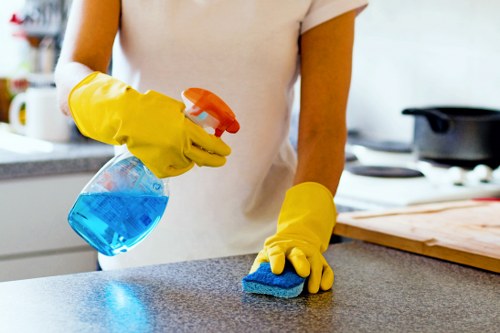 Cleaner in Kingston upon Thames prepared with safety gear for a professional cleaning task