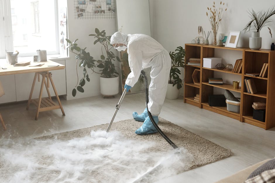 A professional cleaner dressed in a white protective suit, head cover, and blue gloves is performing deep carpet cleaning in a bright, modern living room. They are using a specialized extraction machine with a long hose to extract dirt and dust from a beige area rug, which appears damp and freshly cleaned. The room features a large window allowing natural light to illuminate the space, revealing wooden flooring and contemporary decor, including a wooden bookshelf filled with books and decorative items, and potted plants near the window. The scene captures the thorough surface cleaning and sanitisation process typical of services offered by Cleaners Kingston upon Thames, emphasizing hygiene and maintenance in domestic environments.